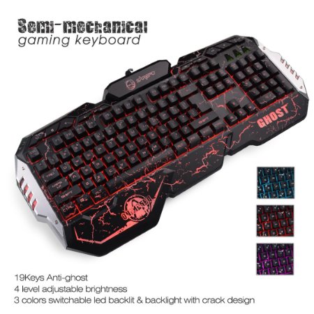 SAREPO Semi-Mechanical Gaming Keyboard Led Backlit Backlight Illuminated USB Wired Gaming Keyboard with 19 Anti Ghosting Key for Mac and Windows (Black)