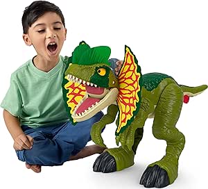 Fisher-Price Imaginext Jurassic World Dinosaur Toy Thrash Attack Dilophosaurus 16  Inch with Lights & Sounds for Pretend Play Kids Ages 3  Years