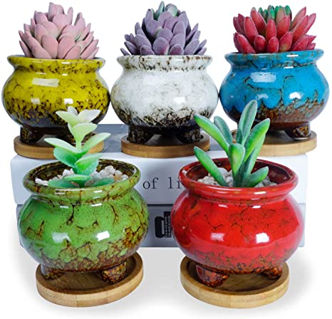 ARTKETTY 3.8 Inch Ceramic Succulent Planter Pots Small Cactus Planter Pots Tripod Glazed Flower Plant Container with Drainage Bamboo Tray Perfect for Desk or Windowsill Pack of 5