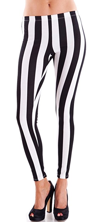 White Black Ladies Vertical Striped Leggings, USA Made
