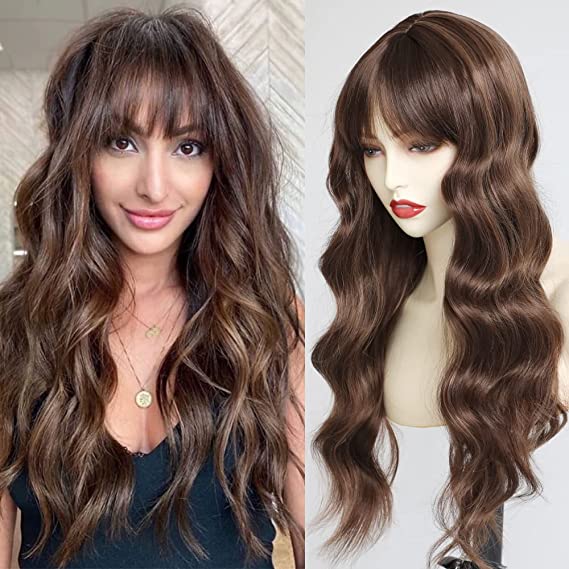 QD-Tizer Long Natural Wavy Brown Wigs with Bangs Mixed Caramel Brown Highlights Wigs for Fashion Women Heat Resistant Synthetic Hair No Lace Wigs for Daily Party