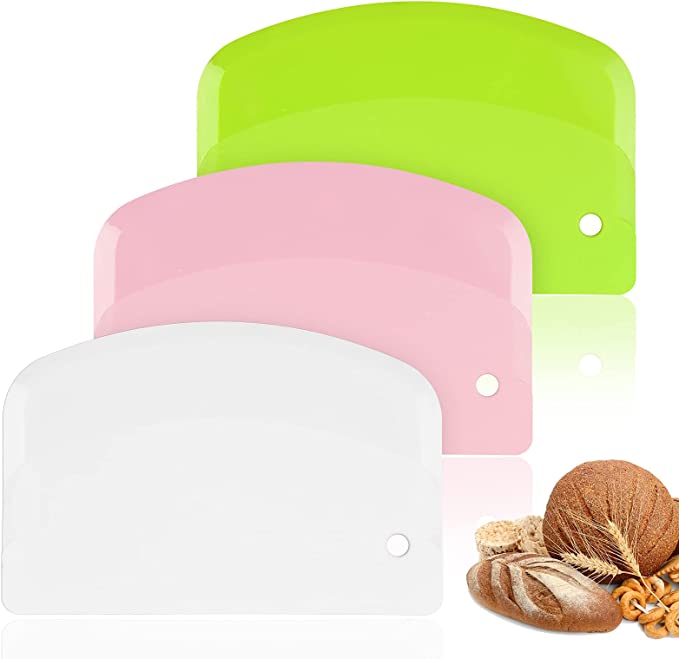 Vicloon 3 Pcs Dough Scraper Cutter, Plain Plastic Scraper Cake Spatula Cream Scraper, Pastry Cutter Plastic Scraper Smoother Tool for Bread Pizza Cake Dough Baking Shaping (Green/Pink/White)