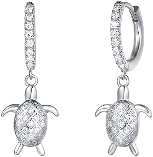 Carleen White Gold Plated 925 Sterling Silver CZ Cubic Zirconia Simulated Diamond Feather/Evil Eye/Turtle/Sunflower Daisy/Star Burst Dangle Drop Small Hoop Earrings For Women Girls, Height 1 INCH