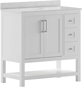 Flash Furniture Vega 36 Inch Bathroom Vanity with Sink, Storage Cabinet with Soft Close Doors, Open Shelf and 3 Drawers, Carrara Marble Finish Countertop, White/White