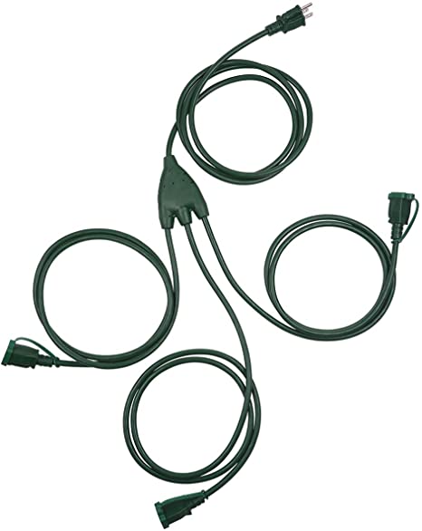 Outdoor Extension Cord 1 to 3 Multiple Outlets Splitter, Green Outside Exterior Extension Cord, Waterproof Power Cord 3 Prong for Lights, Main Cord 5.9FT.