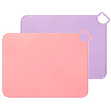 ME.FAN Silicone Placemats for Kids Baby Toddlers Non-Slip | Tablemats Stain Resistant Anti-Skid Reusable Dishwasher Safe Table Mats | Portable Food Mat Travel Set of 2 (2 Set-Purple-Pink)
