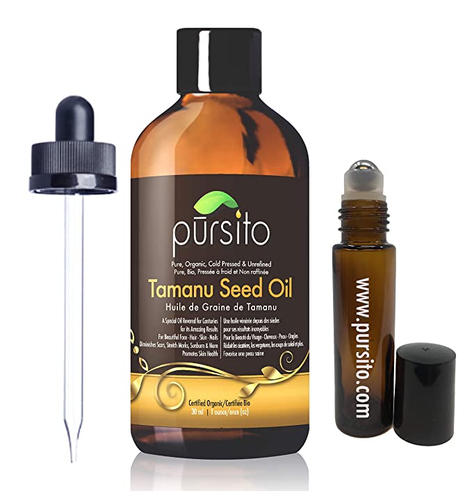 Organic Tamanu Seed Oil and Treatment Roller, Pure Cold Pressed & Unrefined For Skin, Nails, Face, Hair by Pursito 30 ml (1 oz) Foraha Nut Seed Oil, Certified Organic by OneCert