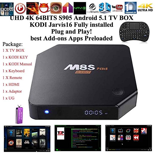 Kukele Latest Fully UNLOCKED Loaded XBMC KODI ADDONS Plug-n-Play Ready M8S PLUS Android 5.1 Lollipop 4K Quad Core TV BOX [2G 16G/KODI Key Manual/Wireless Keyboard]