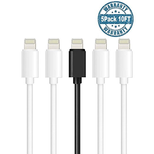 ZYD® Certified 10 Feet / 3 Meters 8 Pin Lightning to USB Cable (4 Pack White   1 Pack Black)