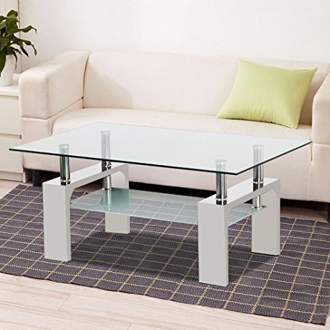 go2buy Rectangular Glass Coffee Table Shelf White Wood Chorme Base Living Room Furniture