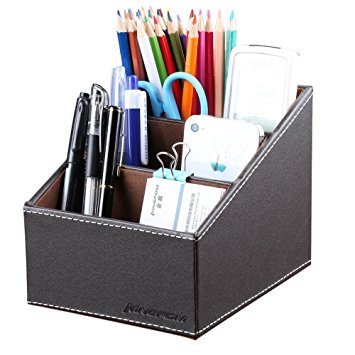 KINGFOM™ 3 Slot PU Leather Desk Remote Controller Holder Organizer; Home Sundries Storage Box; TV Guide/Mail/CD Organizer/Caddy/Holder with Free Cable Organizer (Brown)