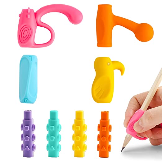 4 Stages Pencil Grips for Kids Handwriting, 4PCS Silicone Pencil Grippers with 4PCS Plastic Pencil Extenders for Children, Pencil Grips for Toddlers 2-4 Years Writing Posture Correction Tools (8PCS)