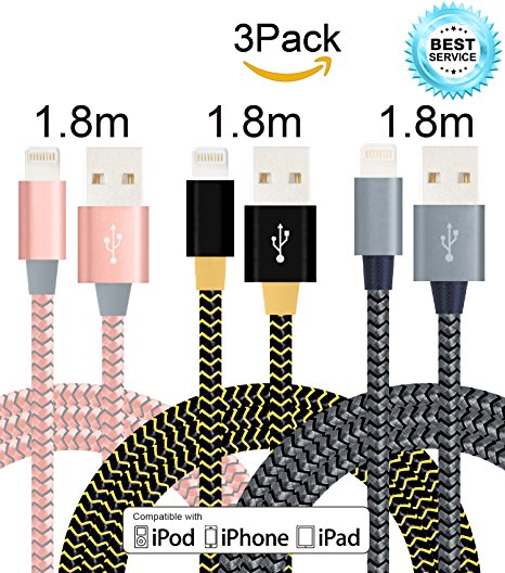 Mscrosmi 3Pack 1.8M Nylon Braided Lightning to USB Cable for Apple iPhone 7/7 Plus/6/6s/6 Plus/6s Plus/5/5c/5s/SE/iPad/iPod and More (Rose gold,Black gray,Black gold)