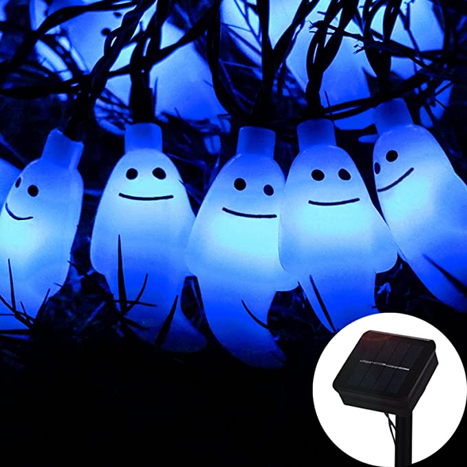 Halloween Ghost String Lights, ZALALOVA 21.3ft 30 LEDs Ghost Lights Decor Watertight Solar Powered 8 Modes String Lights for Halloween Horror Nights Decorations-Blue