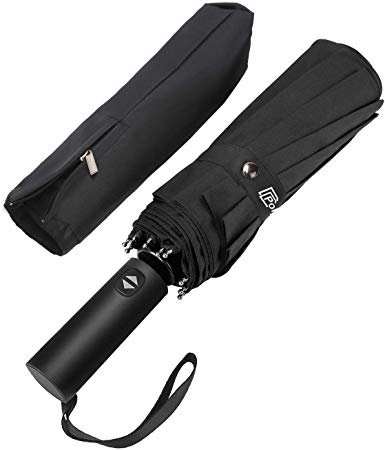 Windproof Travel Umbrella 12 Ribs with Teflon Coating, Polygon Automatic Open Close Strong Umbrella, Portable Umbrellas with Lengthened Handle, Zipper Pouch.(Black)