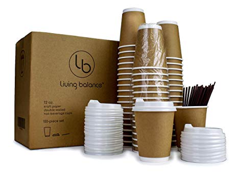 100 Disposable Paper Coffee Cups with Lids - 12 oz, Kraft Paper, Double-Layer Insulation, Sleeve-Free.