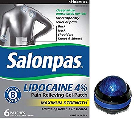 Salonpas LIDOCAINE and Harmony Massage Roller Ball Bundle! Salonpas Lidocaine 4% Pain Relieving Maximum Strength Gel Patch with Massage Roller Ball (COLORS VARY)