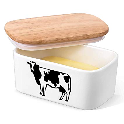 DOWAN Porcelain Butter Dish - Airtight Butter Keeper With Wooden Lid To Keep Butter Fresh - Large Butter Container Holds Up to 2 Sticks of Butter