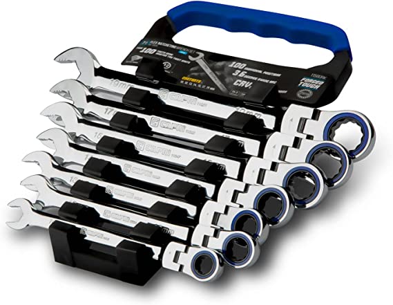 Capri Tools Flex-Head Ratcheting Combination Wrench Set, True 100-Tooth, 3.6-Degree Swing Arc, 10 to 19 mm, Metric, 7-Piece in a Convenient Wrench Rack (CP11580RK)