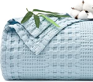 PHF Cooling Waffle Blanket Queen Size,Lightweight 60% Rayon Derived from Bamboo & 40% Cotton Breathable Summer Blanket for Hot Sleepers, Soft and Luxury for Bed Couch and Sofa, 90"x90",Sky Blue