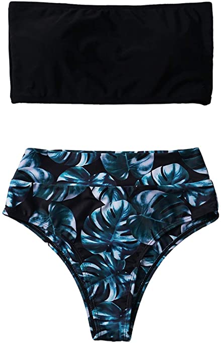 Women's 2 Pieces Bandeau Bikini Swimsuits Off Shoulder High Waist Bathing Suit High Cut