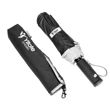 Yitote Windproof Sturdy Umbrellas Auto Open Close with Rotating Flashlight Reflective Stripe Edge Safety in the Dark - Blue / Black
