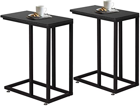 VECELO C Shaped Sofa Side, Mobile End Living Room, Snack Table for Coffee Laptop Accent Furniture with Metal Frame and Storage Shelf Tray, Set of 2 (Black)