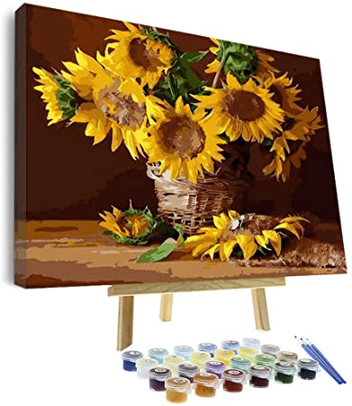 Vigeiya 16x20in Oil Paint by Numbers for Adults Beginners Include Framed Canvas and Wooden Easel with Brushes and Acrylic Pigment (Sunflower)