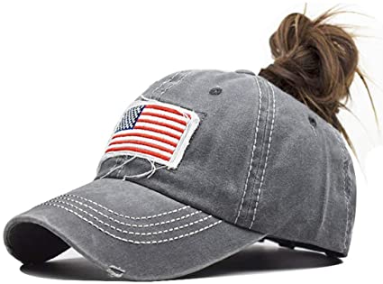 Distressed Ponytail Hat for Women American-Flag Pony Tail Caps High Bun