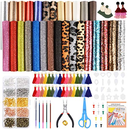 Caydo 28 Pieces 5 Styles Faux Leather Sheets, Leather Earring Making Kits with Instructions, Tassel Hoop, Cut Template, Earring Hooks, Jump Rings for Earrings Making Crafts (6.3 x 8.3 inch)