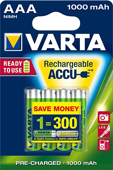 Varta Power Accu 1000 mAh Rechargeable AAA Batteries - 4-Pack