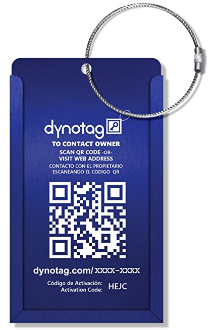 Dynotag Web/GPS Enabled QR Smart Aluminum Convertible Luggage Tag w. Steel Loop in Six Colors
