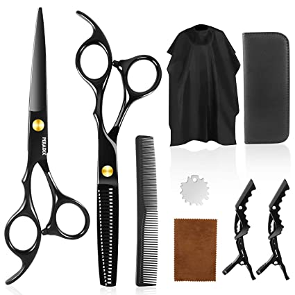 Hair Cutting Scissors Shear Kit 9 PCS, Peradix Professional Haircut Shears with Sharp Stainless Scissors, Grooming Thinning Shears, Hair Razor Comb, Clips, Cape, Hairdressing Kit for Barber Salon Home