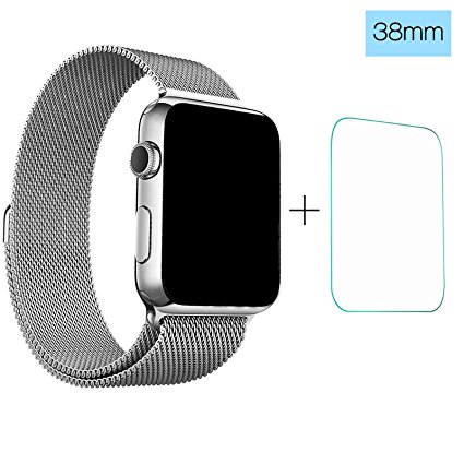 Apple Watch 38mm Band, ClockChoice Milanese Loop Stainless Steel Bracelet Strap for iWatch, SILVER | Bonus Tempered Glass Screen Protector