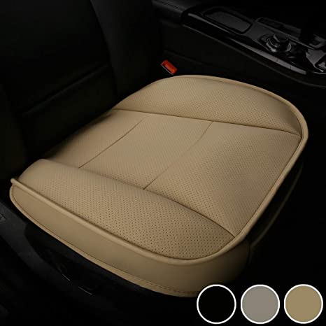 LUOLLOVE PU Leather Car Seat Cover Pad Universal for Front Seat, Soft Comfortable,Wrapping Edge Without Backrest,52 * 51 cm (1-Pack, Beige)