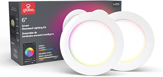 Globe Electric 50069 Wi-Fi Smart 6" Ultra Slim LED Recessed Lighting Kit 2-Pack, No Hub Required, Voice Activated, 12 W, Multicolor Changing RGB, Tunable White 2000K - 5000K, 800 Lumens, Wet Rated