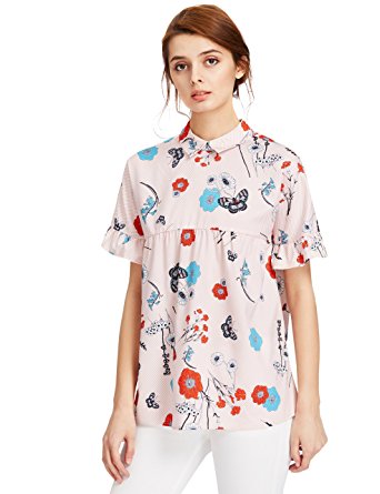 ROMWE Women Striped and Floral Print Shirt Collar bowknot Back Ruffle Short Sleeve Babydoll Top Blouse