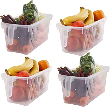 Kurtzy Storage Basket (4 Pack) - (L 12.59 x W 5.9 x H 5.31 inch) Plastic Fridge Basket with Handle for Organizing Shelves, Refrigerator, Pantry, Kitchen, Bathroom