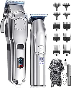 Hair Clipper, Trimmer Set for Men Professional IPX7 Waterproof Cordless Barber Clipper Hair Cutting Kit T-Blade Beard Trimmer Kids Clipper USB Rechargeable (Silver)