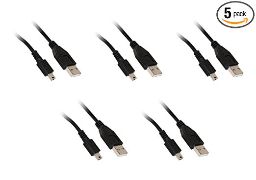 Mini USB 2.0 Cable, Black, Type A Male to 5 Pin Mini-B Male, 6 foot - 5 Pack