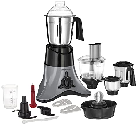 Amazon Basics 750W Mixer Grinder with 4 Jars & Food Processor Jar | 100% Copper Motor | Chopper, Slicer, Grater & Atta Kneading | Black