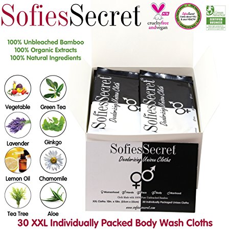 SofiesSecret 30 XXL Bamboo Deodorizing Unisex Body Wash Wipes | Individually Packaged XXL Cloths (10in x 10in) | 100% Organic Extracts & Natural Ingredients, Perfume FREE, Rinse FREE