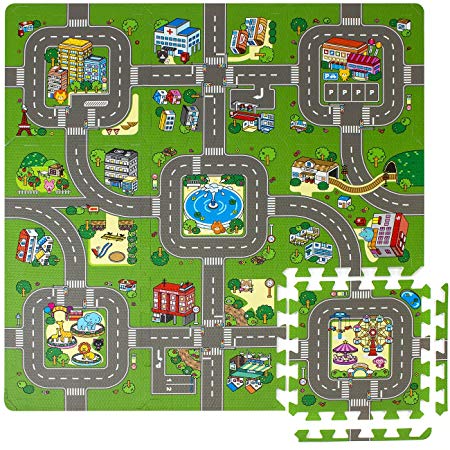 Sorbus Traffic Play mat Puzzle Foam Interlocking Tiles – Kids Road Traffic Play Rug - Children Educational Playmat Rug Baby Play Set Mat - Great for Playing with Toy Cars Trucks (9 Tiles with Borders)