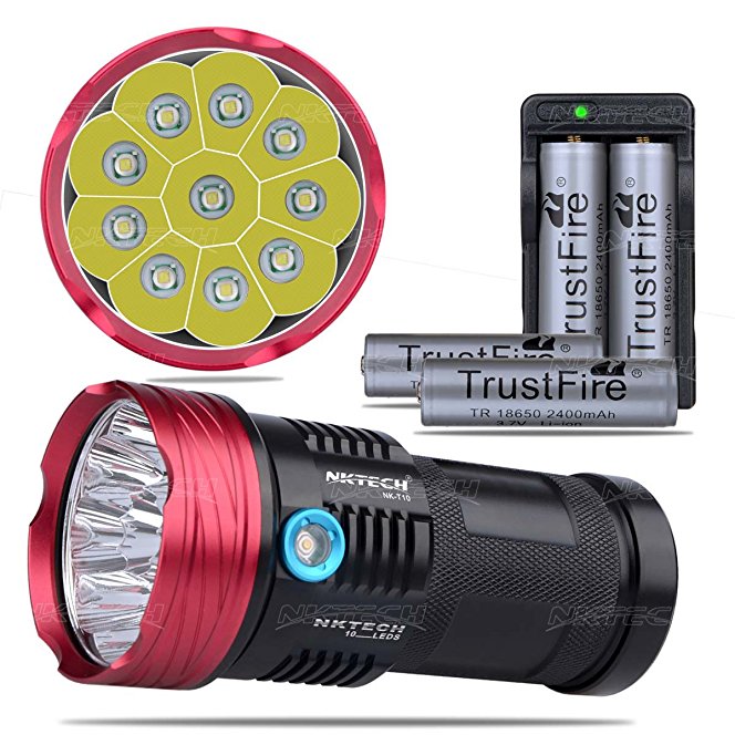 NKTECH Super Bright NK-T10 10x T6 LED 3-Modes Flashlight Torch For Hiking Hunting Camping U2 Bike Bicycle HeadLamp HeadLight   4X TrustFire 2400mAh 18650 Battery   Dual Charger