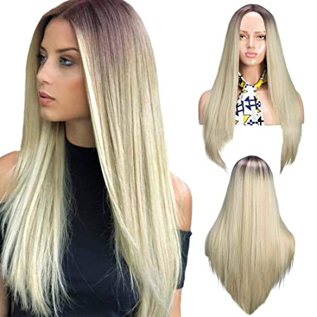 fani 24 Inch Ombre Blonde Long Stranght Synthetic Wigs Middle Parting Dark Roots Ombre Ash Blonde Natural Straight Halloween Wig for Women