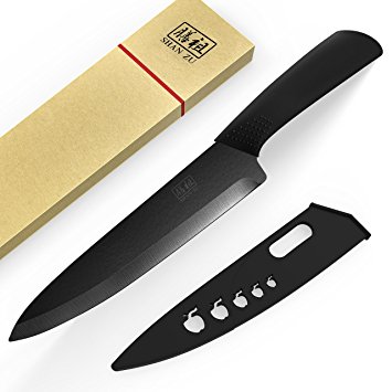 SHAN ZU Ceramic Knife 8’’ Black Zirconium Blade Black Ergonomic Handle Matte Finish Chef Knife Healthy Kitchen Cutlery with Sheath Gift Box