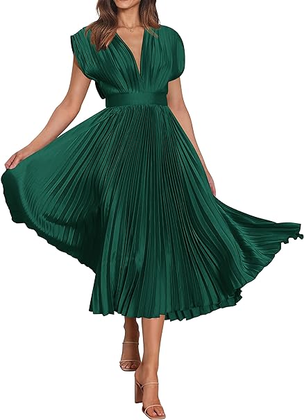 MASCOMODA Elegant Satin V Neck Pleated Midi Dress Short Sleeve Formal High Waisted Flowy Long Summer Dresses for Women 2023