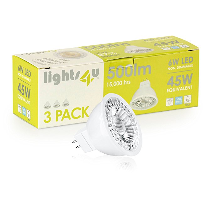 Lights4u 6W MR16 LED Light Bulbs Cool White 4000K 45W Equivalent - 3 Pack