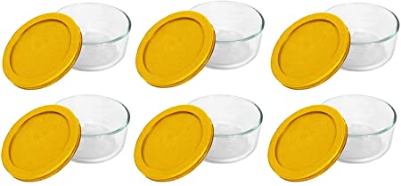 Pyrex Storage Plus 2-Cup Round Glass Food Storage Dish, Yellow Cover (6 Pack)