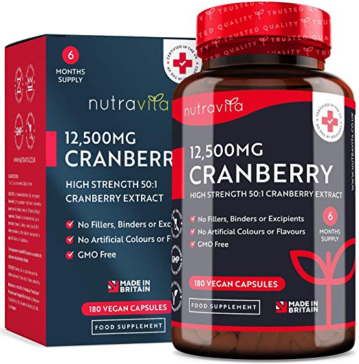 Cranberry Extract 12,500mg – 180 Vegan Capsules - 6 Month Supply – High Strength - 50:1 Cranberry Extract Per Serving– Made in The UK by Nutravita